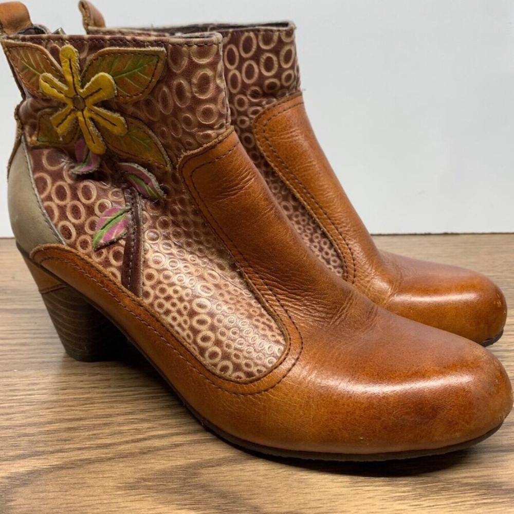 Boho Brown Leather Ankle Boots with Floral Design